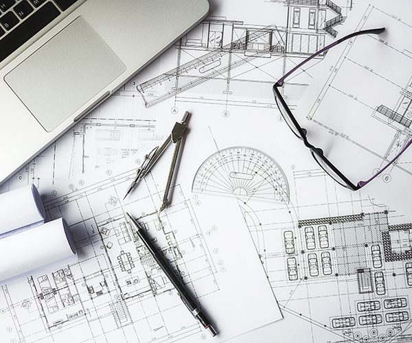 Image of engineering objects on workplace top view.Construction concept. Engineering tools.Vintage tone retro filter effect,soft focus(selective focus)